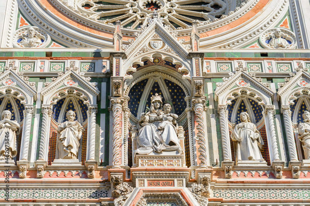 Madonna with Child. Cathedral of Santa Maria del Fiore. Facade. Cathedral of Saint Mary with a flower. Florence. Italy. Tuscany