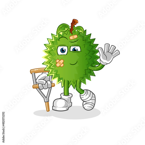 durian sick with limping stick. cartoon mascot vector