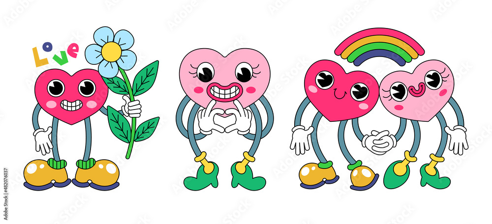 Set of characters in the shape of a heart. Cartoon retro hearts in various poses and situations. Image of characters of hearts on a white background. Vector illustration.