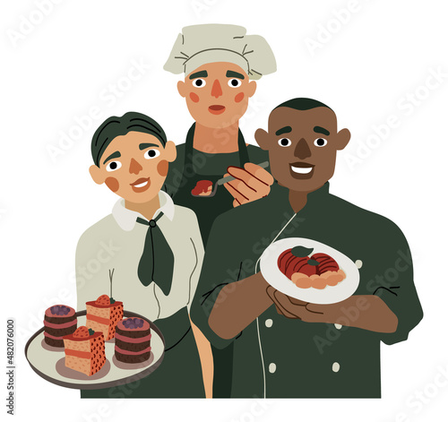 Isolated image with a working group of a restaurant. Chef, cook and waitress together. Happy restaurant or cafe staff on a white background. Vector illustration.