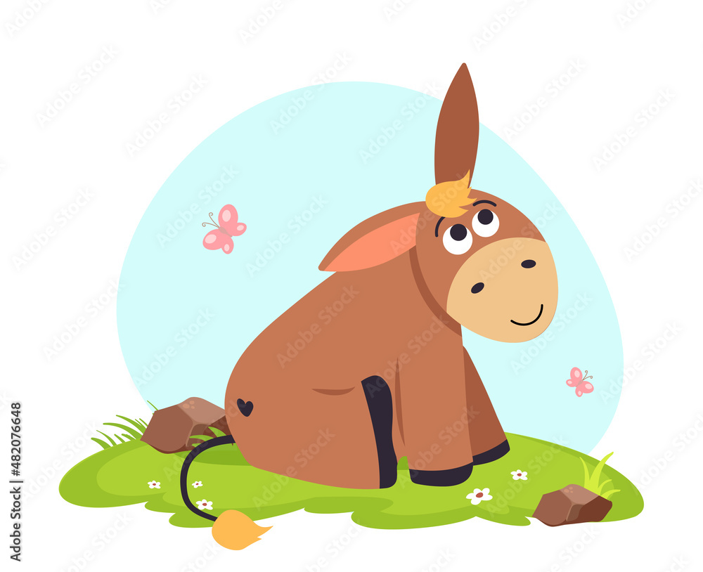 Cute donkey vector flat illustration with landscape isolated on white background. Farm animal donkey cartoon character.