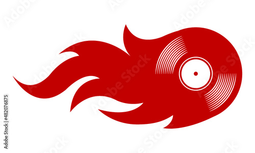 Vector silhouette illustration of vintage retro vinyl record icon with simple flames. Ideal for stickers, decals, casino poker logo design element and any kind of decoration.