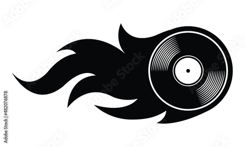 Vector silhouette illustration of vintage retro vinyl record icon with simple flames. Ideal for stickers, decals, casino poker logo design element and any kind of decoration.
