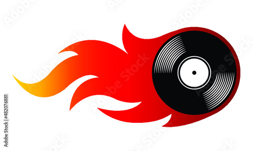Vector silhouette illustration of vintage retro vinyl record icon with simple flames. Ideal for stickers, decals, casino poker logo design element and any kind of decoration.