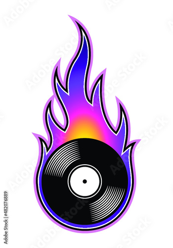 Vector illustration of vintage retro vinyl record icon with flames.