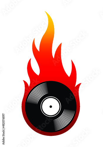 Vector illustration of vintage retro vinyl record icon with flames.