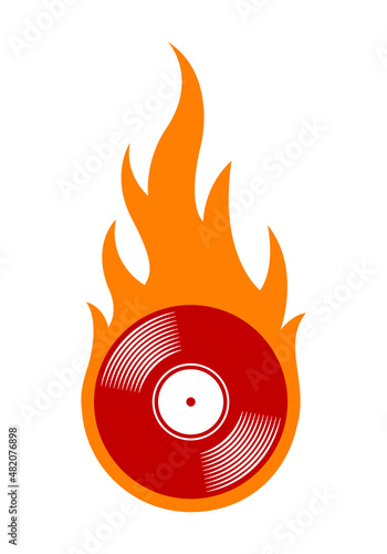 Vector illustration of vintage retro vinyl record icon with flames.