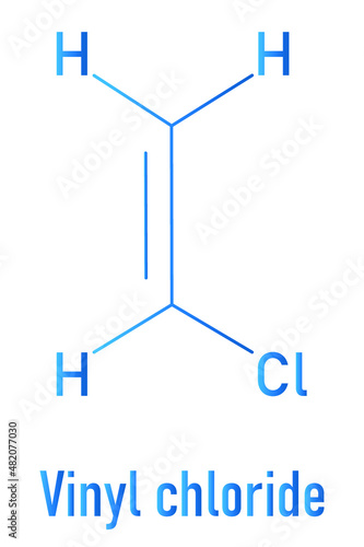 Vinyl chloride, polyvinyl chloride or PVC plastic building block. Skeletal formula. Chemical structure