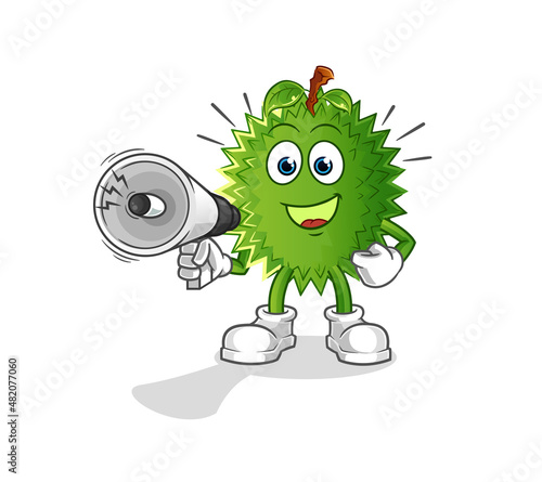 durian holding hand loudspeakers vector. cartoon character