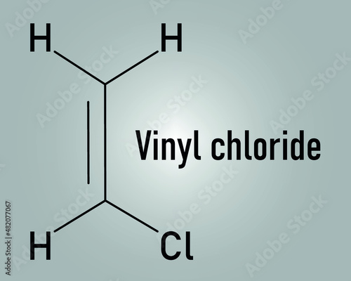 Vinyl chloride, polyvinyl chloride or PVC plastic building block. Skeletal formula. Chemical structure