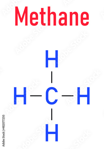 Methane natural gas molecule. Main component of natural gas and LNG, liquefied natural gas, and biogas, produced by fermentation. Skeletal formula.
