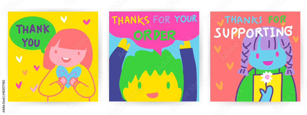 Set 3 of cute vivid colorful square cards with hand draw doodle line art in rainbow tone color . Idea for mini card, thank you card, lovely and adorable