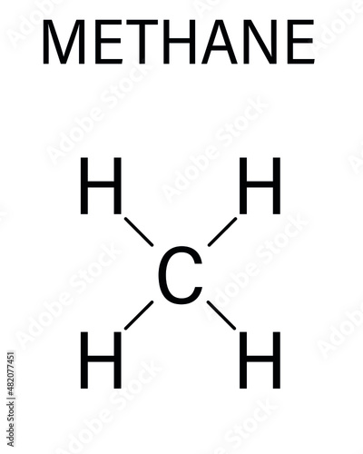 Methane natural gas molecule. Main component of natural gas and LNG, liquefied natural gas, and biogas, produced by fermentation. Skeletal formula.