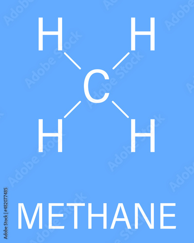 Methane natural gas molecule. Main component of natural gas and LNG, liquefied natural gas, and biogas, produced by fermentation. Skeletal formula.