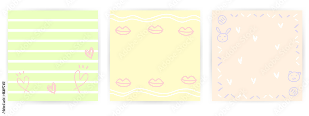 Set 3 pf cute pastel square cards with hand draw doodle line art in sweet pastel tone color. Idea for mini card, thank you card, lovely and adorable