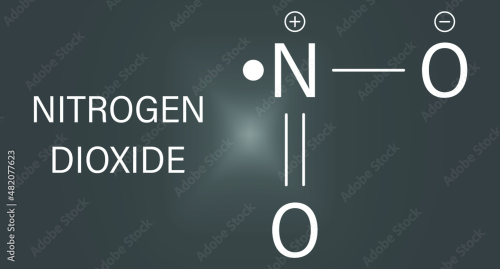Nitrogen dioxide NO2 air pollution molecule. Free radical compound, also known as NOx. Skeletal formula. Nitrogen dioxide NO2 air pollution molecule. Free radical compound, also known as NOx. Skeletal formula.
