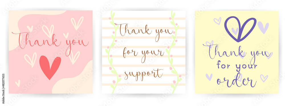 Set 3 of cute pastel color square cards with hand draw doodle line art ...