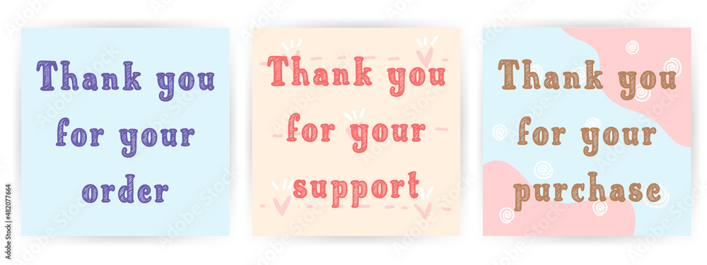 Set 3 of cute pastel color square cards with hand draw doodle line art in minimalism style . Idea for customer thank you card Valentine's day theme,lovely and adorable