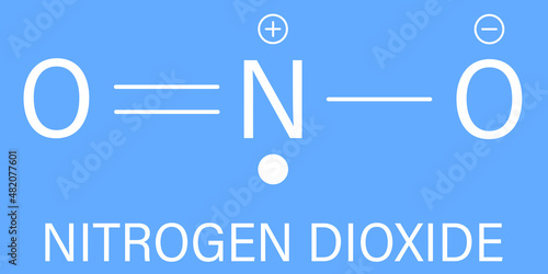 Nitrogen dioxide NO2 air pollution molecule. Free radical compound, also known as NOx. Skeletal formula.
