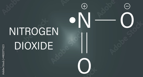 Nitrogen dioxide NO2 air pollution molecule. Free radical compound, also known as NOx. Skeletal formula.