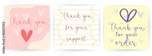 Set 3 of cute pastel color square cards with hand draw doodle line art in minimalism style . Idea for customer thank you card Valentine's day theme,lovely and adorable