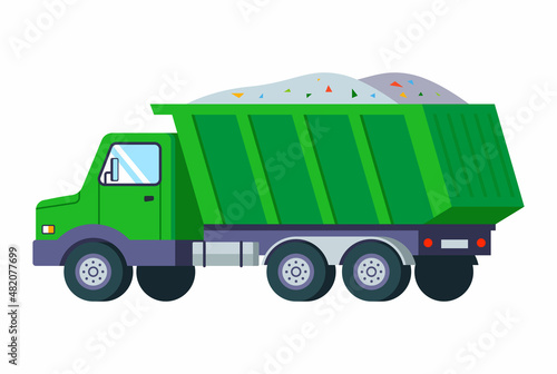 green dump truck carries a pile of sand. truck back view. flat vector illustration.