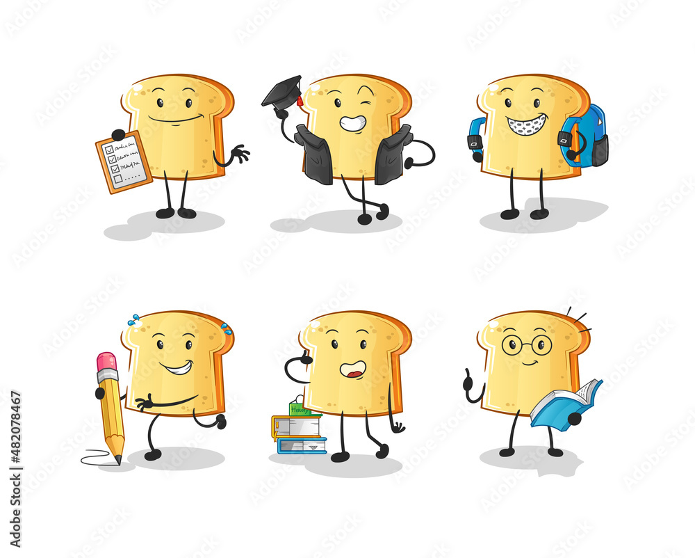 white bread education set character. cartoon mascot vector
