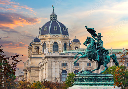 Statue of Archduke Charles and Museum of Natural History dome, Vienna, Austria photo