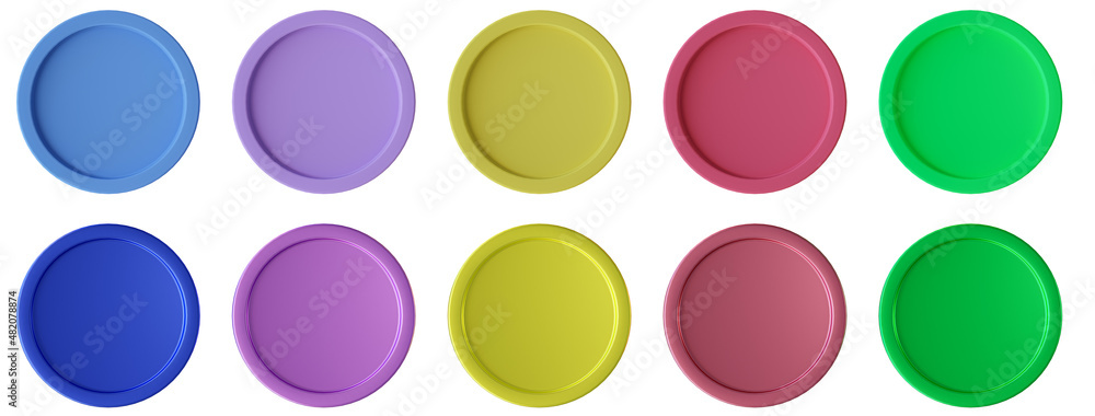 Isolated round frames in various colors, round backgrounds,colorful buttons. 3D render, 3D illustration.