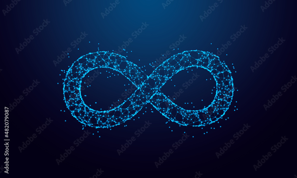 DevOps infinity symbol for agile software developement and operations methodology made with connected particles. Background or banner for technology process life cycle.