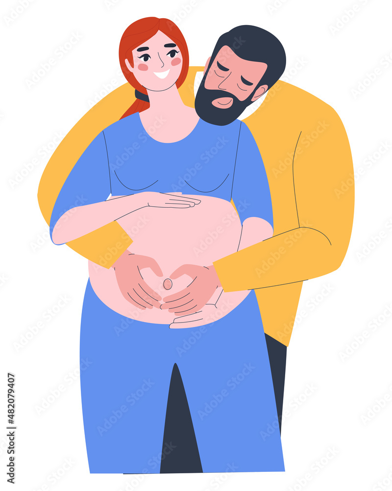 Pregnant woman with her husband. A man hugs his bare pregnant belly with his hands. The future father shows tenderness. Flat vector illustration