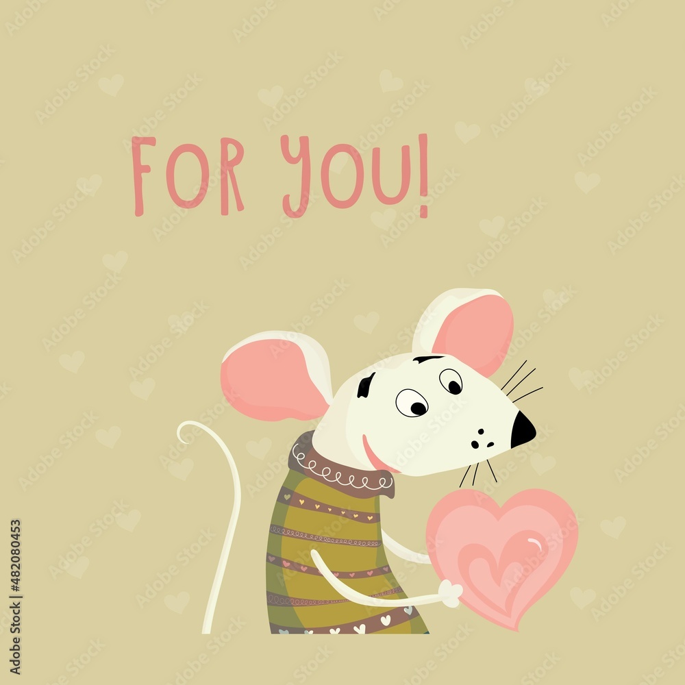 Cute little mouse holding a heart. Valentine's Day. Valentines day greeting card. Colorful design background with objects and symbols. Holidays invitation card, poster, banner. Vector illustrator. Cute little mouse holding a heart. Valentine's Day. Valentines day greeting card. Colorful design background with objects and symbols. Holidays invitation card, poster, banner. Vector illustrator.