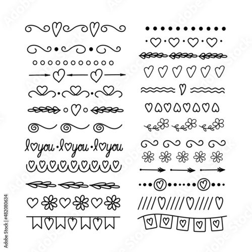 Hand drawn doodle style text dividers elegant set, vector illustration, decorative floral vintage borders, design elements for book, card, invitation