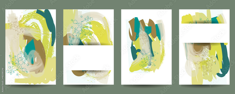 Art painting digital vector pastel muted pale calm tones card templates set. Collection of romantic invitations with gold abstraction backgrounds