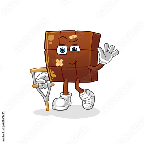 chocolate bar sick with limping stick. cartoon mascot vector