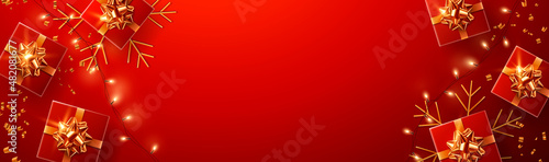 Merry Christmas and Happy New Year banner with red gift boxs and garlands lights on red background