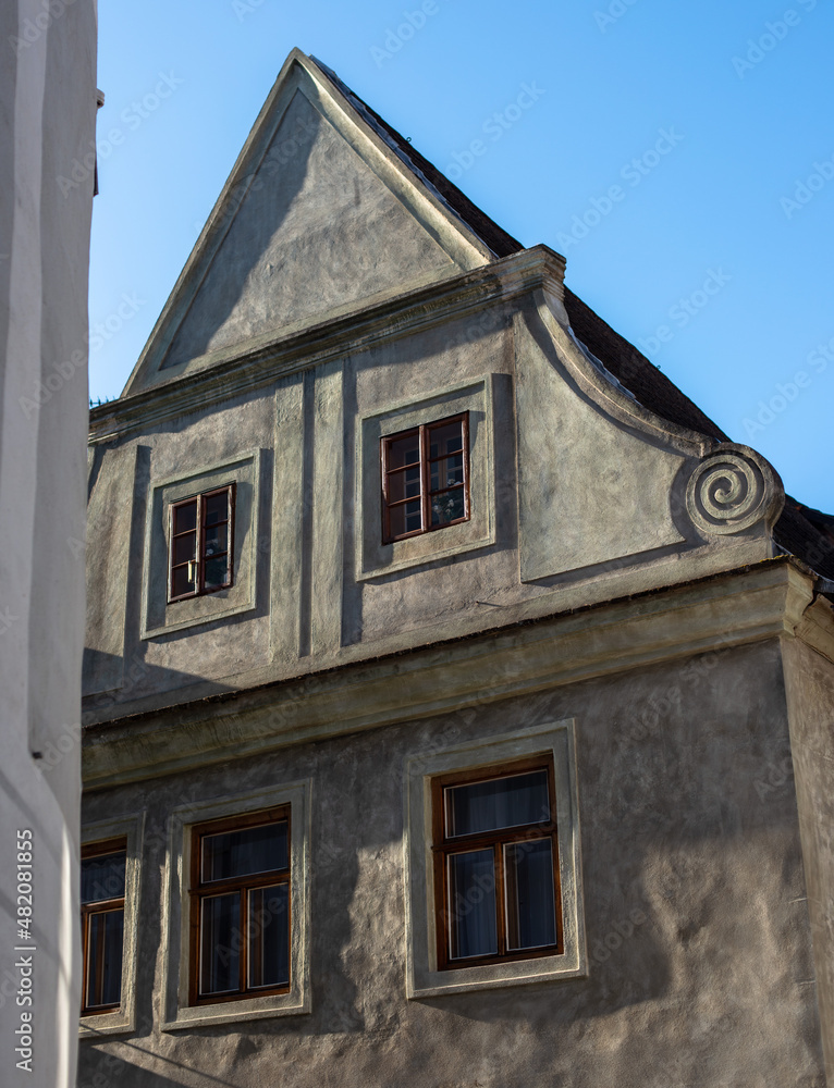 Facades of historic buildings in Český Krumlov, also Bohemian Krumau, Krumau an der Moldau or Krummau, is a city in southern Bohemia (Czech Republic).