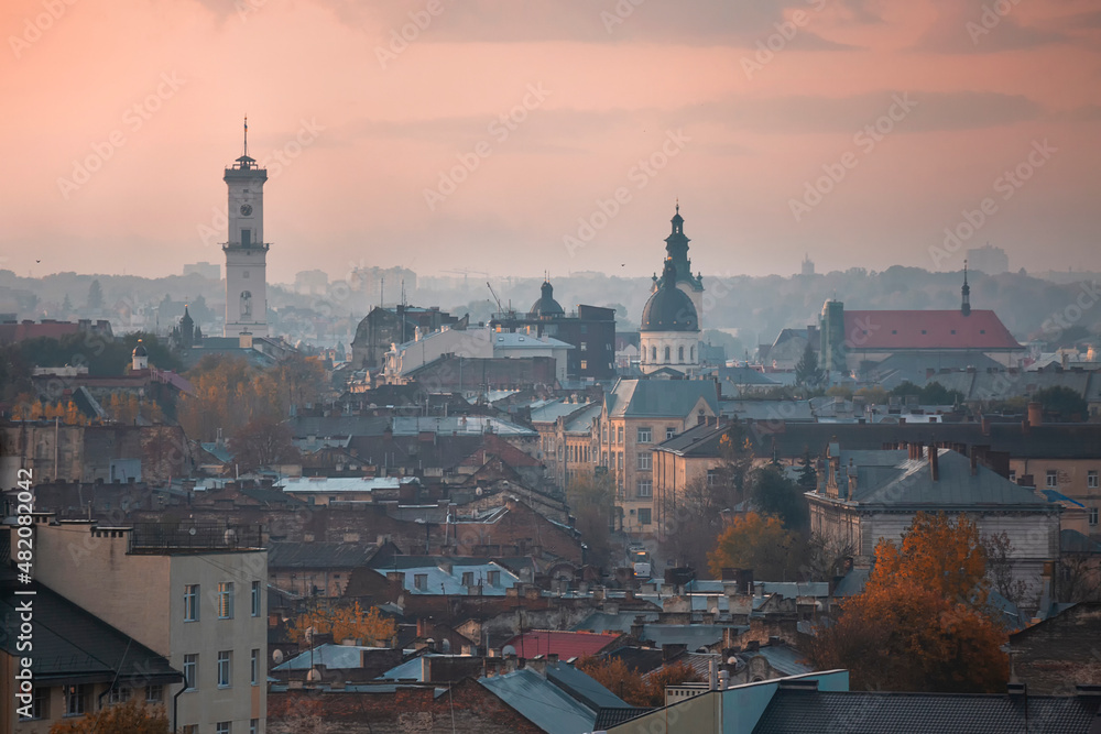 View of the city of Lviv. Sunrise