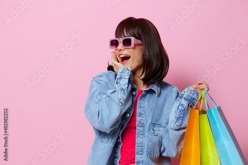 portrait woman shopping in the store fun entertainment isolated background