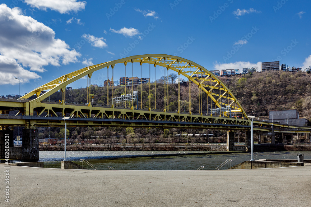 Fort Pitt Bridge in downtown Pittsburgh, Pennsylvania in spring. It crosses the Monongahela River into the Fort Pitt Tunnel, connecting Point State Park to the South Shore.