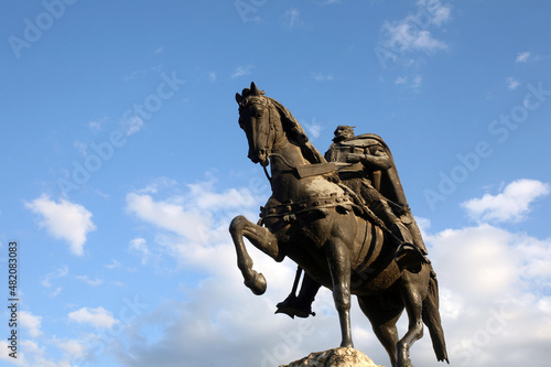 Skanderbeg statue in Tirana, Albania. Monument was inaugurated in the 1968 on the 500th anniversary of the death of Skanderbeg created by Odhise Paskali.