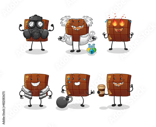 chocolate bar villain group character. cartoon mascot vector
