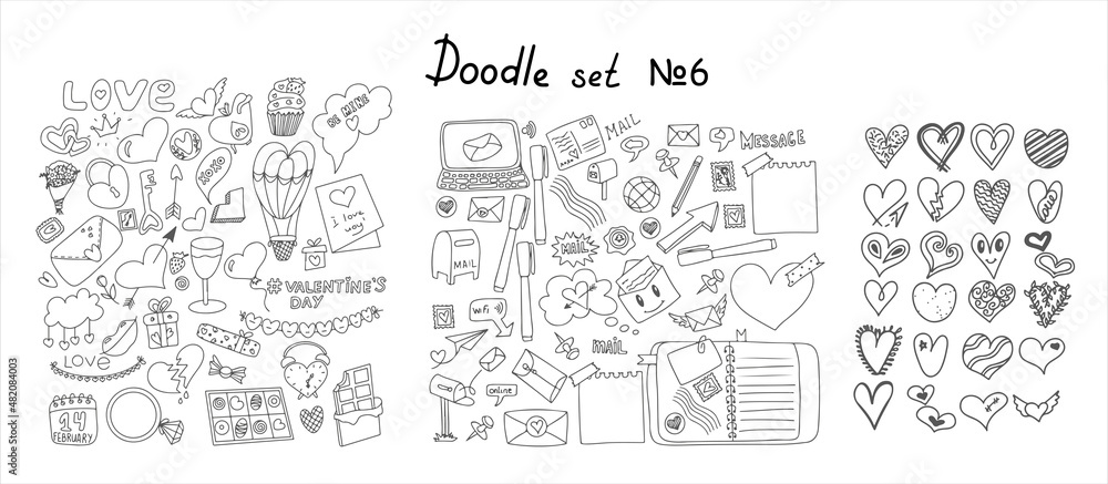 Big doodle set of icons for Valentine s day, mail doodles. Icons with paper envelopes, letters, email.. Vector illustration for the holiday on February 14. Hand draw set for romance, wedding, date