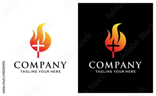 Modern Christianity cross in fire or flame symbol in negative space. on a black and white background.