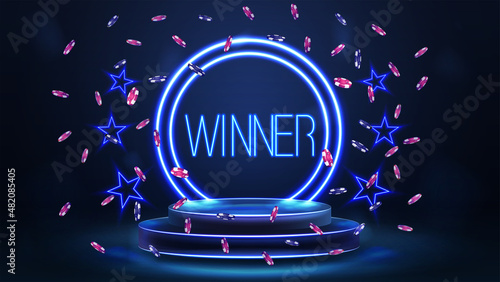 Blue podium of wings with blue neon word winner, rings, neon stars and poker chips in dark blue scene.
