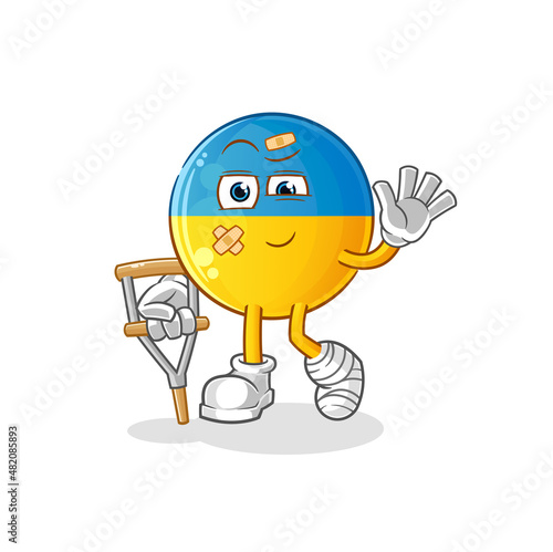 ukraine flag sick with limping stick. cartoon mascot vector