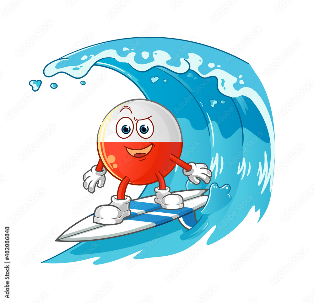 Fototapeta premium poland flag surfing character. cartoon mascot vector