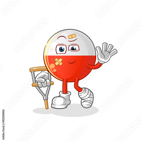 poland flag sick with limping stick. cartoon mascot vector