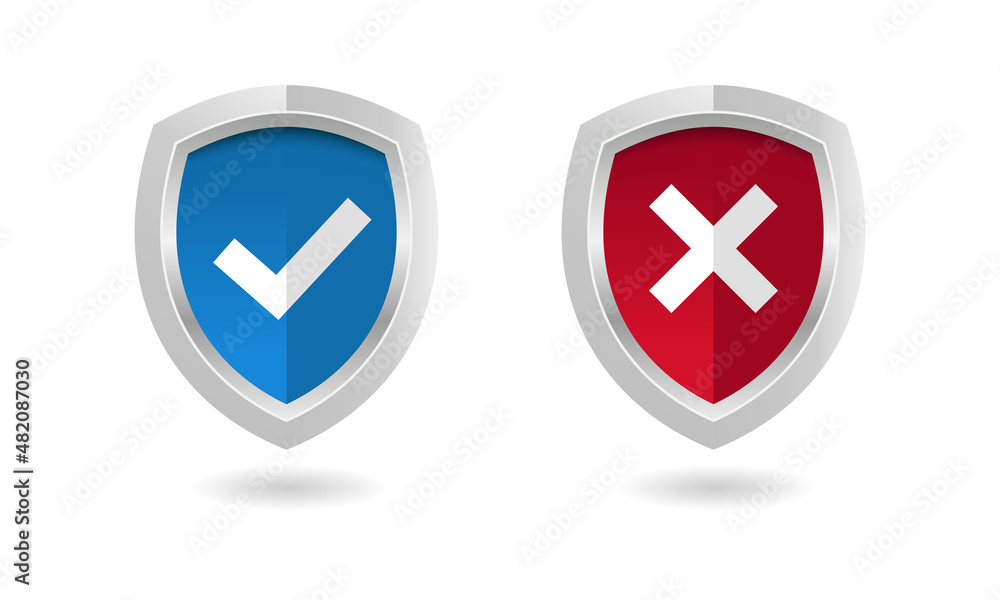 Vector illustration of shield with check mark and cross mark. Suitable for design element of guaranteed security and trusted safety. Blue and red realistic shield. Vector illustration of shield with check mark and cross mark. Suitable for design element of guaranteed security and trusted safety. Blue and red realistic shield.