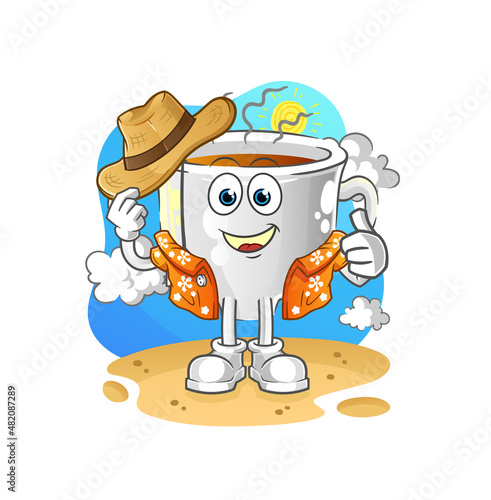 tea cup go on vacation. cartoon mascot vector